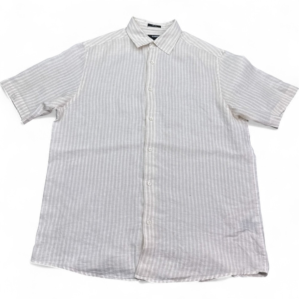Claiborne‎ Linen Button Up Shirt Mens Size Large White Striped Old Money Casual
